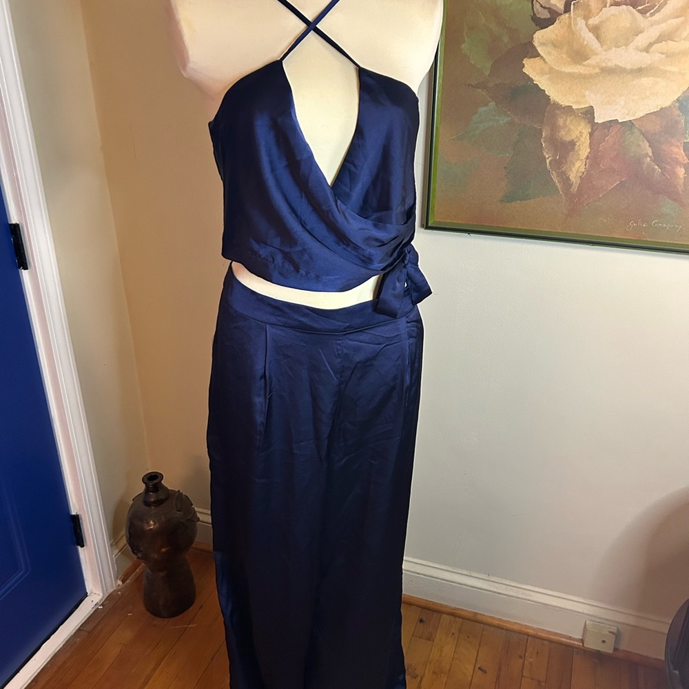 Elegant Navy Blue Wrap Top and pants set